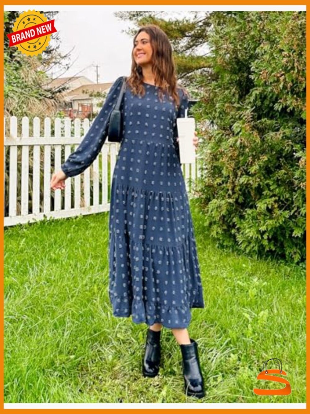 Swiss Dot Long Sleeve Maxi Dress - Flowy A-Line Tiered Casual - Picture 5 of 7